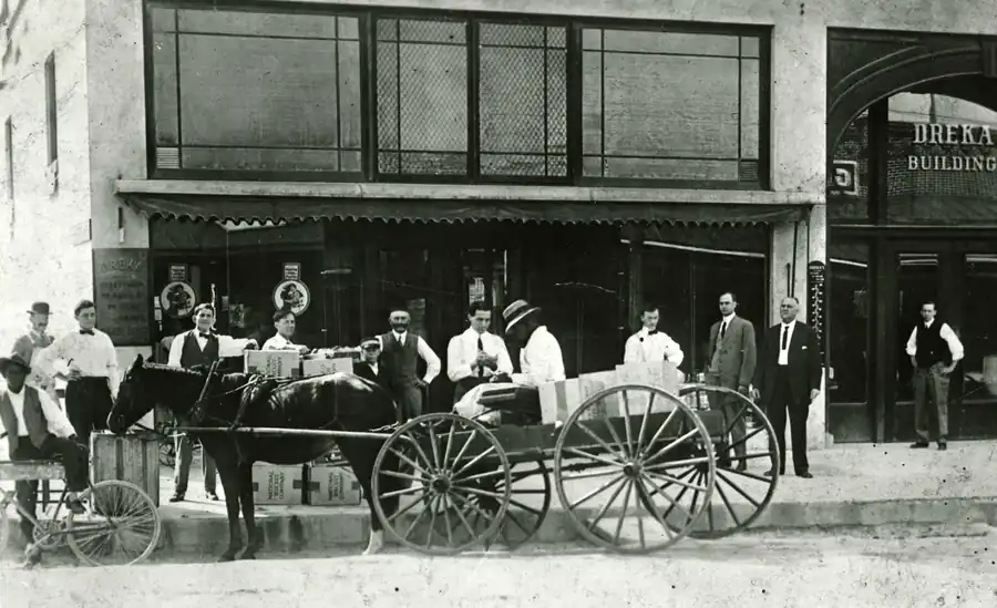 Horse-drawn wagon at Dreka's Department Store on East New York Avenue