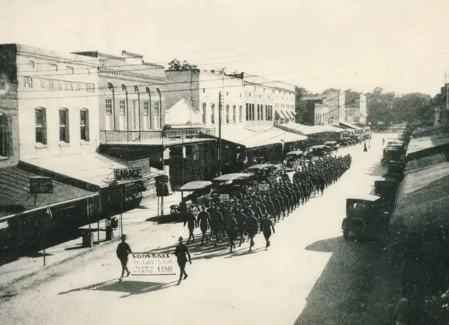 Student Army Training Corps marching on Woodland Boulevard